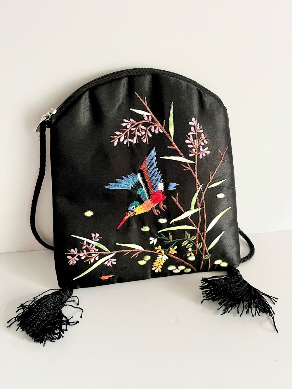 Vintage Sue Wong Embroidered Kingfisher Bird Satin Tassel Bag
